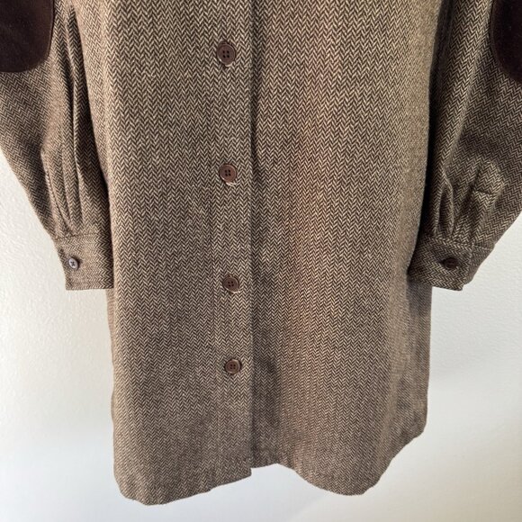 Vintage Y2K Gap Shirt Dress M Wool Tweed Chevron Brown Professor Patch Leather - Picture 3 of 10